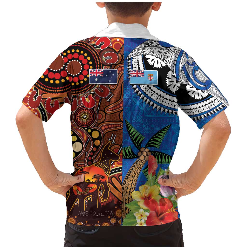 Fiji and Australia Together Family Matching Mermaid Dress and Hawaiian Shirt Fijian Tapa Plants with Kangaroo and Aboriginal LT03 - Polynesian Pride