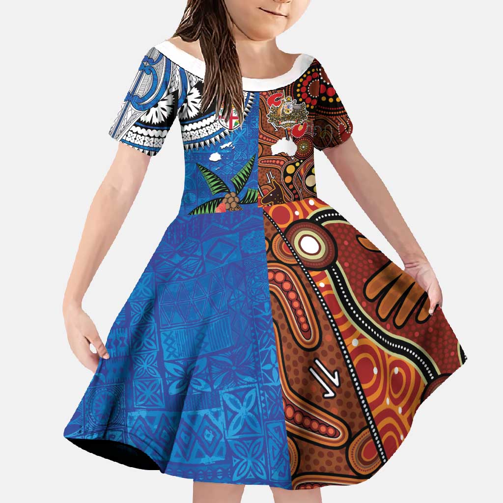 Fiji and Australia Together Family Matching Mermaid Dress and Hawaiian Shirt Fijian Tapa Plants with Kangaroo and Aboriginal LT03 Daughter's Dress Black - Polynesian Pride