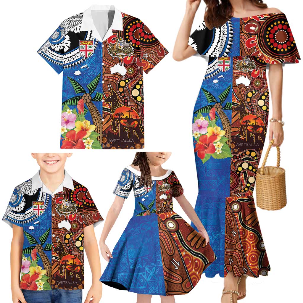 Fiji and Australia Together Family Matching Mermaid Dress and Hawaiian Shirt Fijian Tapa Plants with Kangaroo and Aboriginal LT03 - Polynesian Pride