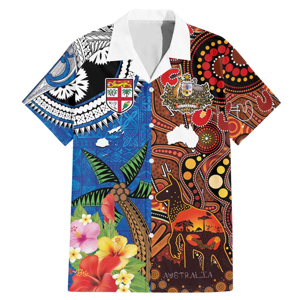 Fiji and Australia Together Family Matching Mermaid Dress and Hawaiian Shirt Fijian Tapa Plants with Kangaroo and Aboriginal LT03 Dad's Shirt - Short Sleeve Black - Polynesian Pride