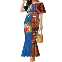Fiji and Australia Together Family Matching Mermaid Dress and Hawaiian Shirt Fijian Tapa Plants with Kangaroo and Aboriginal LT03 Mom's Dress Black - Polynesian Pride