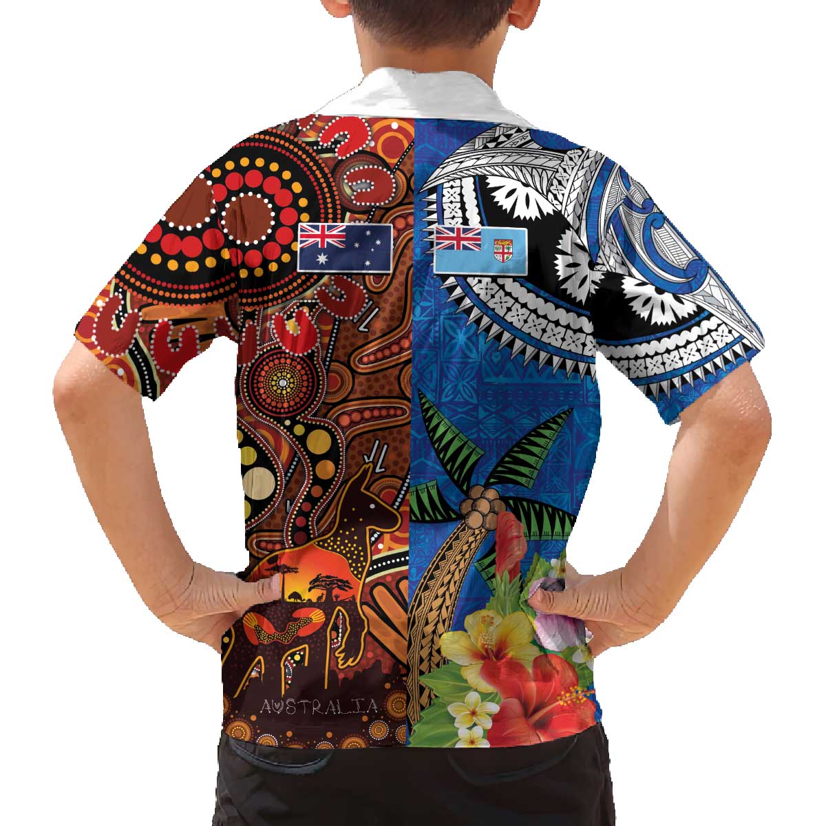 Fiji and Australia Together Family Matching Off The Shoulder Long Sleeve Dress and Hawaiian Shirt Fijian Tapa Plants with Kangaroo and Aboriginal LT03 - Polynesian Pride