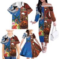 Fiji and Australia Together Family Matching Off The Shoulder Long Sleeve Dress and Hawaiian Shirt Fijian Tapa Plants with Kangaroo and Aboriginal LT03 - Polynesian Pride