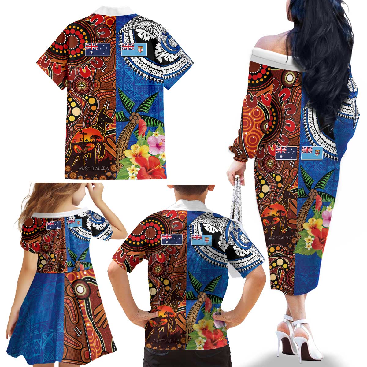 Fiji and Australia Together Family Matching Off The Shoulder Long Sleeve Dress and Hawaiian Shirt Fijian Tapa Plants with Kangaroo and Aboriginal LT03 - Polynesian Pride