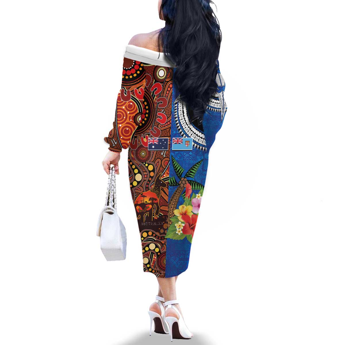 Fiji and Australia Together Family Matching Off The Shoulder Long Sleeve Dress and Hawaiian Shirt Fijian Tapa Plants with Kangaroo and Aboriginal LT03 - Polynesian Pride