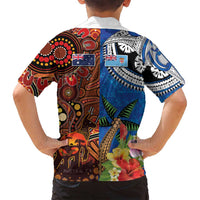 Fiji and Australia Together Family Matching Off Shoulder Maxi Dress and Hawaiian Shirt Fijian Tapa Plants with Kangaroo and Aboriginal LT03 - Polynesian Pride