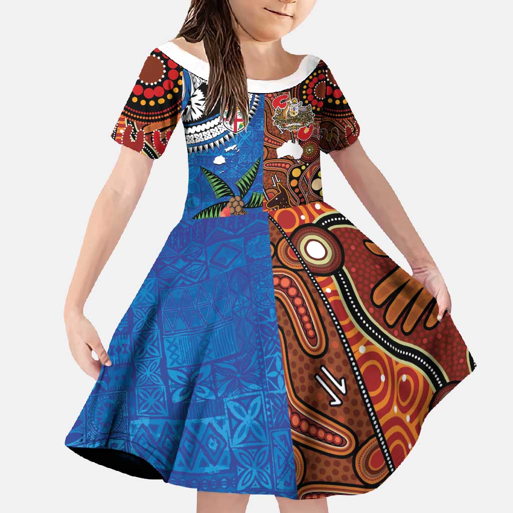 Fiji and Australia Together Family Matching Off Shoulder Maxi Dress and Hawaiian Shirt Fijian Tapa Plants with Kangaroo and Aboriginal LT03 Daughter's Dress Black - Polynesian Pride