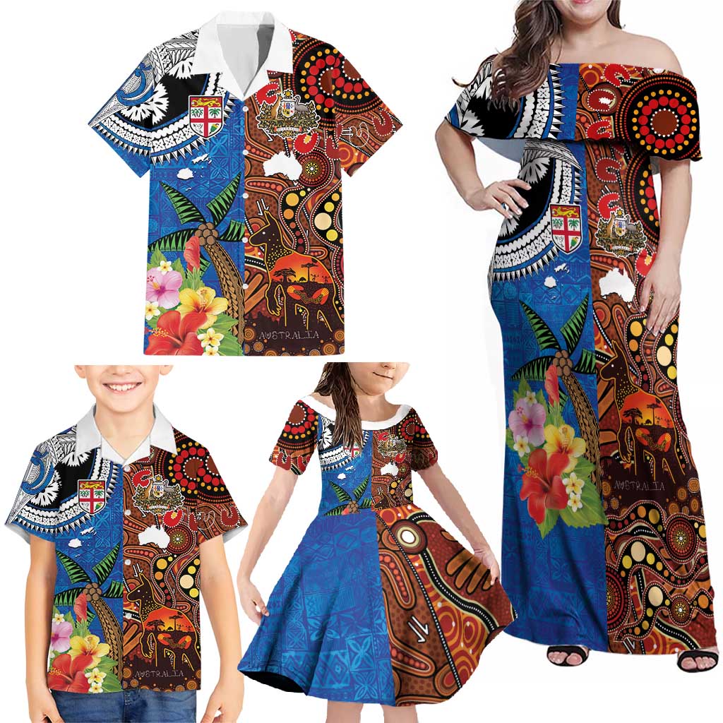 Fiji and Australia Together Family Matching Off Shoulder Maxi Dress and Hawaiian Shirt Fijian Tapa Plants with Kangaroo and Aboriginal LT03 - Polynesian Pride