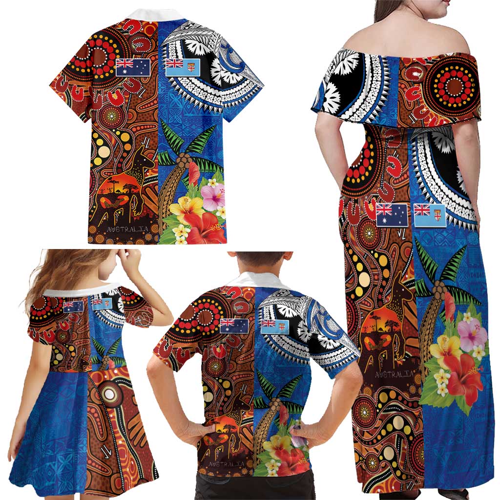 Fiji and Australia Together Family Matching Off Shoulder Maxi Dress and Hawaiian Shirt Fijian Tapa Plants with Kangaroo and Aboriginal LT03 - Polynesian Pride