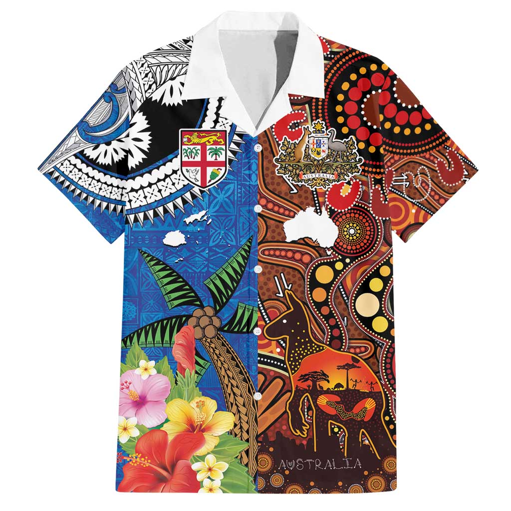 Fiji and Australia Together Family Matching Off Shoulder Maxi Dress and Hawaiian Shirt Fijian Tapa Plants with Kangaroo and Aboriginal LT03 Dad's Shirt - Short Sleeve Black - Polynesian Pride