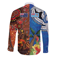 Fiji and Australia Together Family Matching Off Shoulder Maxi Dress and Hawaiian Shirt Fijian Tapa Plants with Kangaroo and Aboriginal LT03 - Polynesian Pride