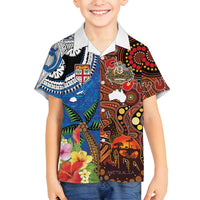 Fiji and Australia Together Family Matching Off Shoulder Maxi Dress and Hawaiian Shirt Fijian Tapa Plants with Kangaroo and Aboriginal LT03 Son's Shirt Black - Polynesian Pride
