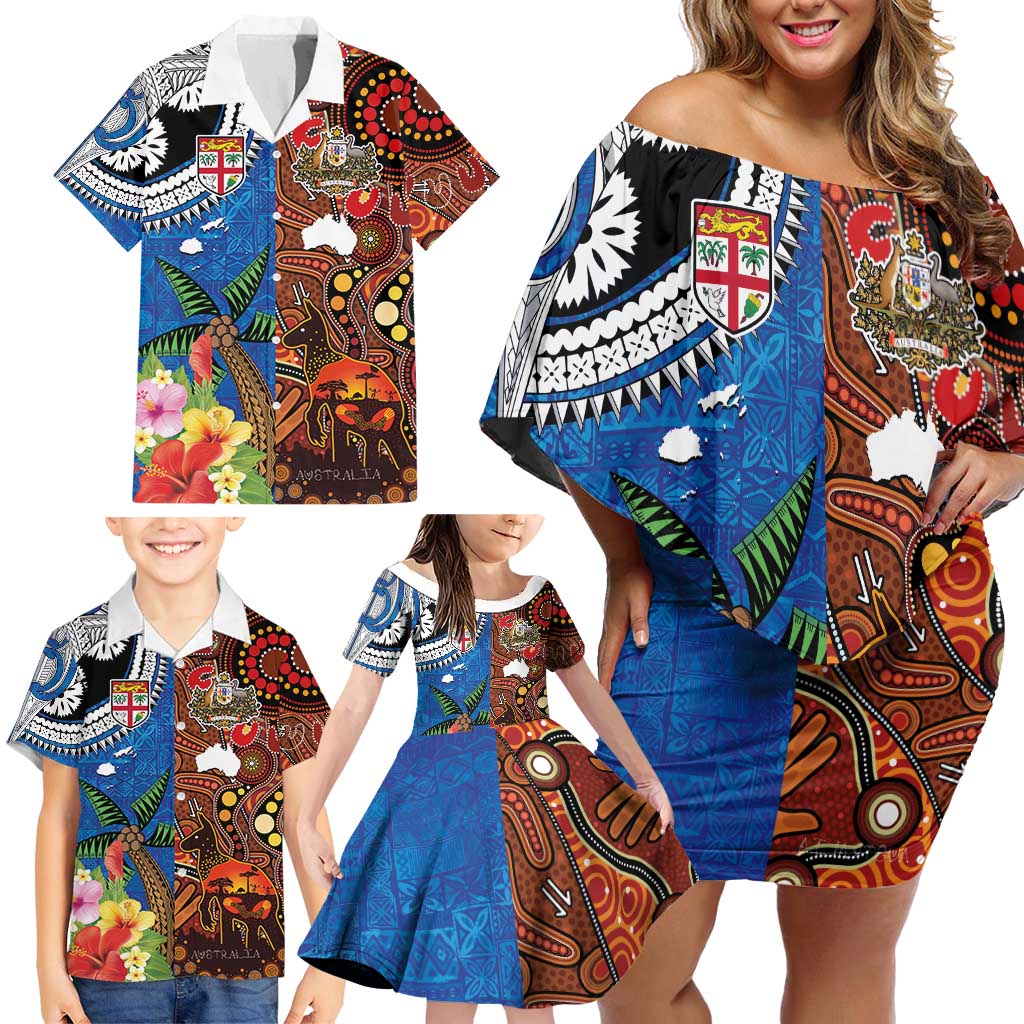 Fiji and Australia Together Family Matching Off Shoulder Short Dress and Hawaiian Shirt Fijian Tapa Plants with Kangaroo and Aboriginal LT03 - Polynesian Pride