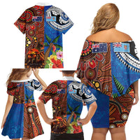 Fiji and Australia Together Family Matching Off Shoulder Short Dress and Hawaiian Shirt Fijian Tapa Plants with Kangaroo and Aboriginal LT03 - Polynesian Pride