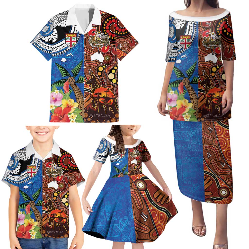 Fiji and Australia Together Family Matching Puletasi and Hawaiian Shirt Fijian Tapa Plants with Kangaroo and Aboriginal LT03 - Polynesian Pride