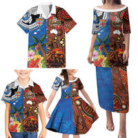 Fiji and Australia Together Family Matching Puletasi and Hawaiian Shirt Fijian Tapa Plants with Kangaroo and Aboriginal LT03 - Polynesian Pride