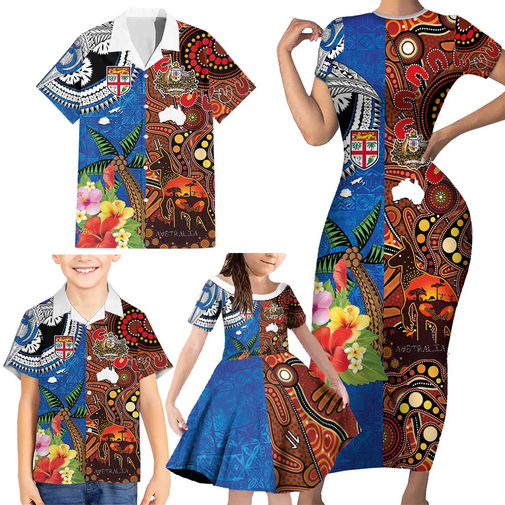 Fiji and Australia Together Family Matching Short Sleeve Bodycon Dress and Hawaiian Shirt Fijian Tapa Plants with Kangaroo and Aboriginal LT03 - Polynesian Pride