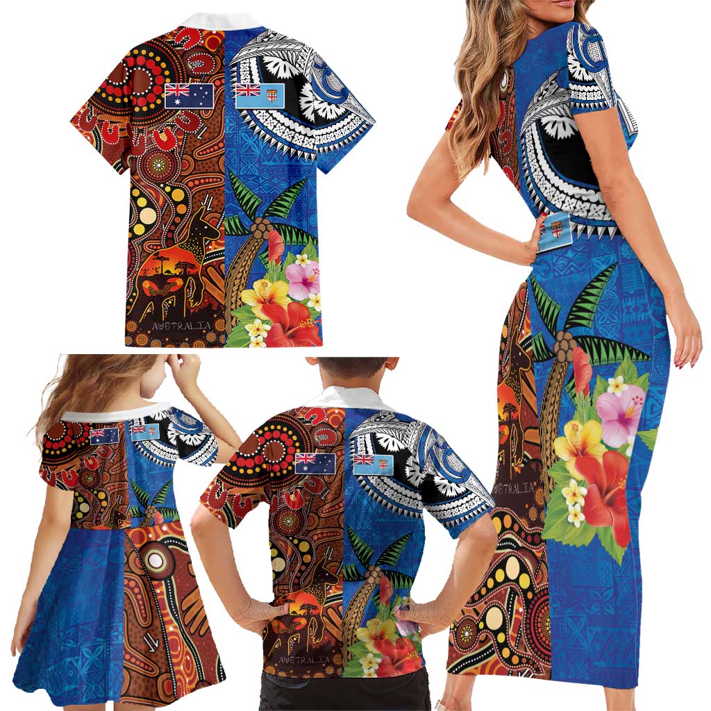 Fiji and Australia Together Family Matching Short Sleeve Bodycon Dress and Hawaiian Shirt Fijian Tapa Plants with Kangaroo and Aboriginal LT03 - Polynesian Pride