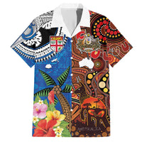 Fiji and Australia Together Family Matching Short Sleeve Bodycon Dress and Hawaiian Shirt Fijian Tapa Plants with Kangaroo and Aboriginal LT03 Dad's Shirt - Short Sleeve Black - Polynesian Pride