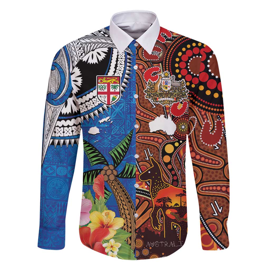 Fiji and Australia Together Family Matching Tank Maxi Dress and Hawaiian Shirt Fijian Tapa Plants with Kangaroo and Aboriginal LT03 Dad's Shirt - Long Sleeve Black - Polynesian Pride