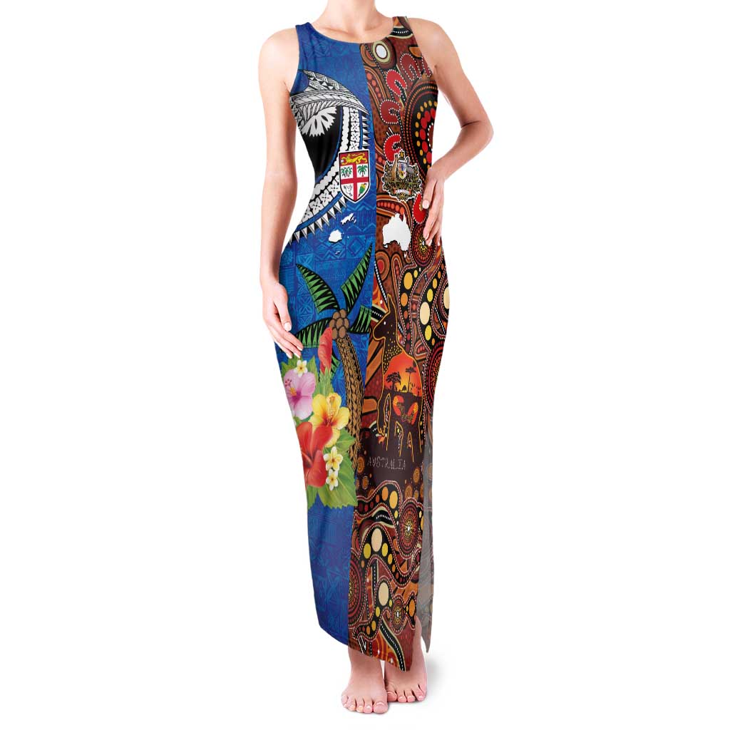 Fiji and Australia Together Family Matching Tank Maxi Dress and Hawaiian Shirt Fijian Tapa Plants with Kangaroo and Aboriginal LT03 Mom's Dress Black - Polynesian Pride