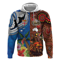 Fiji and Australia Together Hoodie Fijian Tapa Plants with Kangaroo and Aboriginal LT03 Pullover Hoodie Black - Polynesian Pride