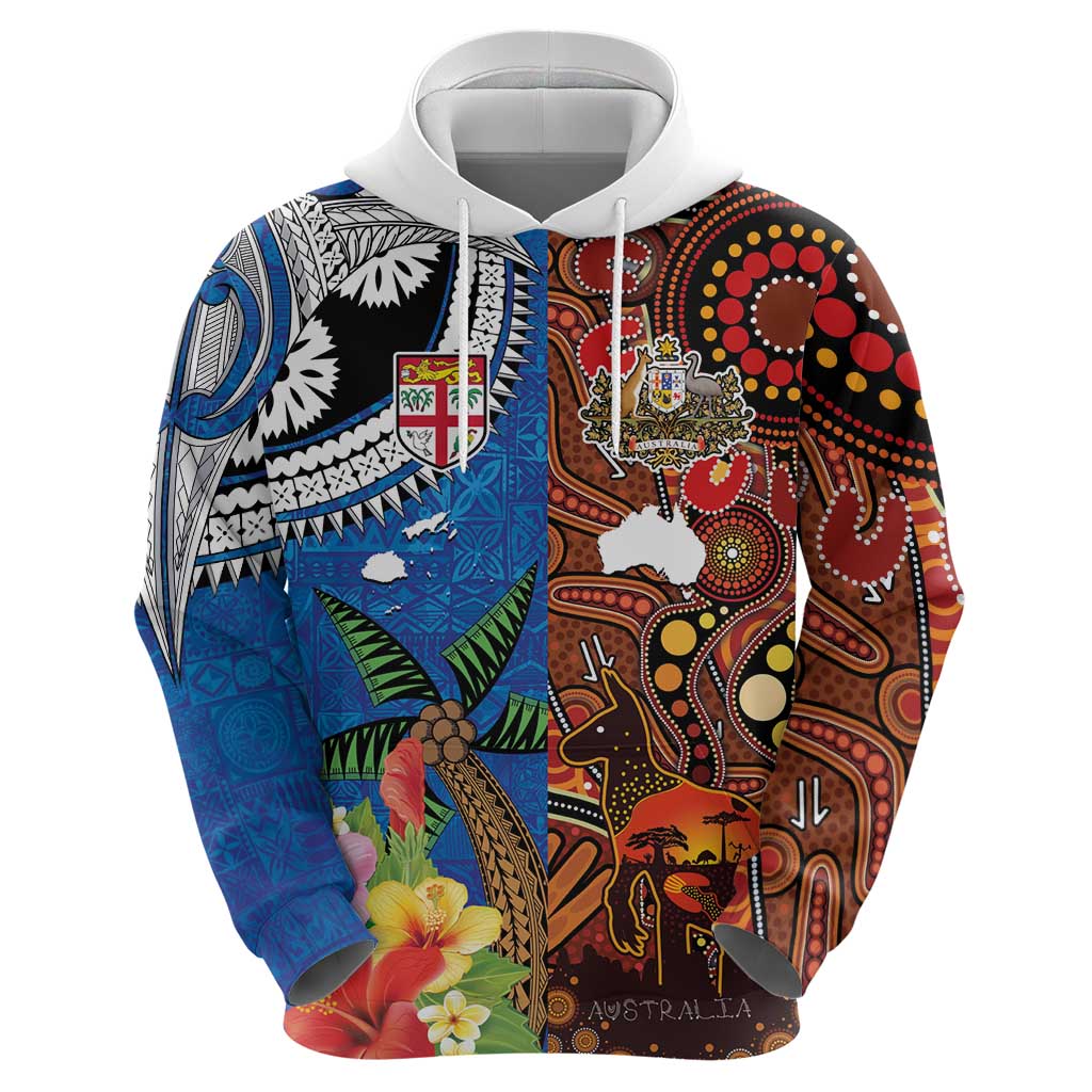 Fiji and Australia Together Hoodie Fijian Tapa Plants with Kangaroo and Aboriginal LT03 - Polynesian Pride
