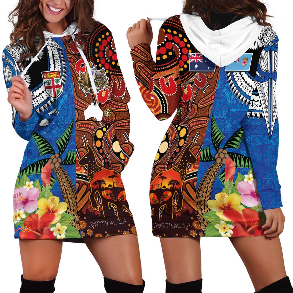 Fiji and Australia Together Hoodie Dress Fijian Tapa Plants with Kangaroo and Aboriginal LT03 - Polynesian Pride