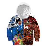 Fiji and Australia Together Kid Hoodie Fijian Tapa Plants with Kangaroo and Aboriginal LT03 Hoodie Black - Polynesian Pride