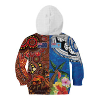 Fiji and Australia Together Kid Hoodie Fijian Tapa Plants with Kangaroo and Aboriginal LT03 - Polynesian Pride