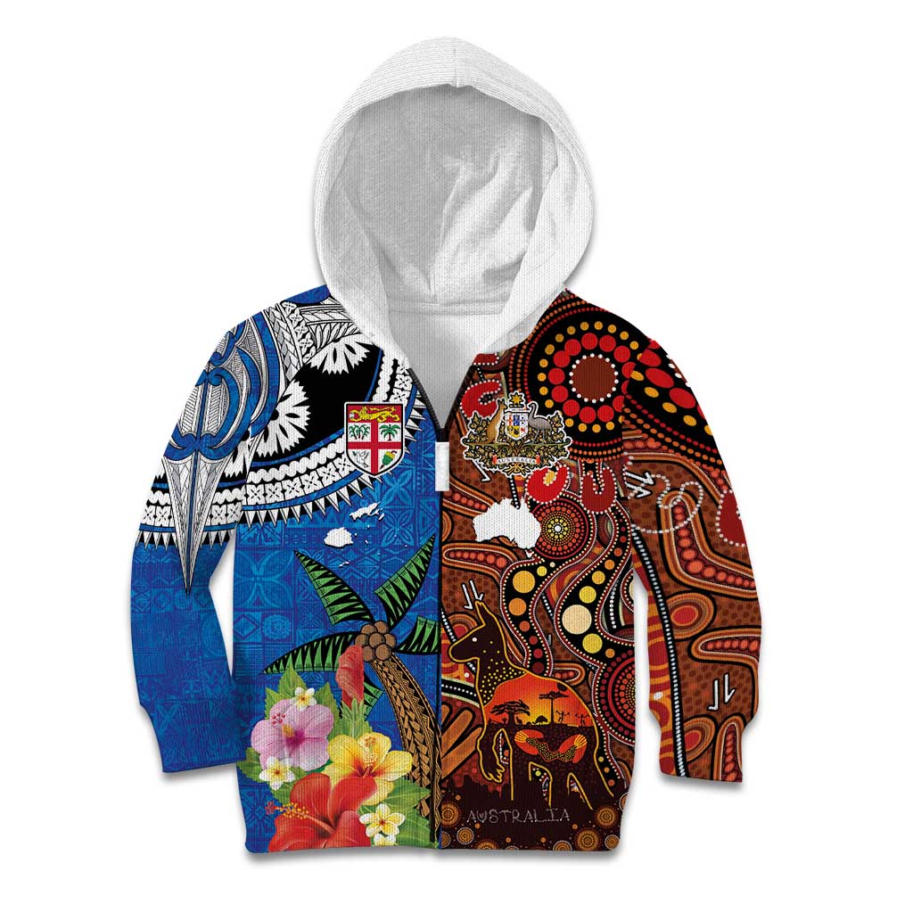 Fiji and Australia Together Kid Hoodie Fijian Tapa Plants with Kangaroo and Aboriginal LT03 Zip Hoodie Black - Polynesian Pride