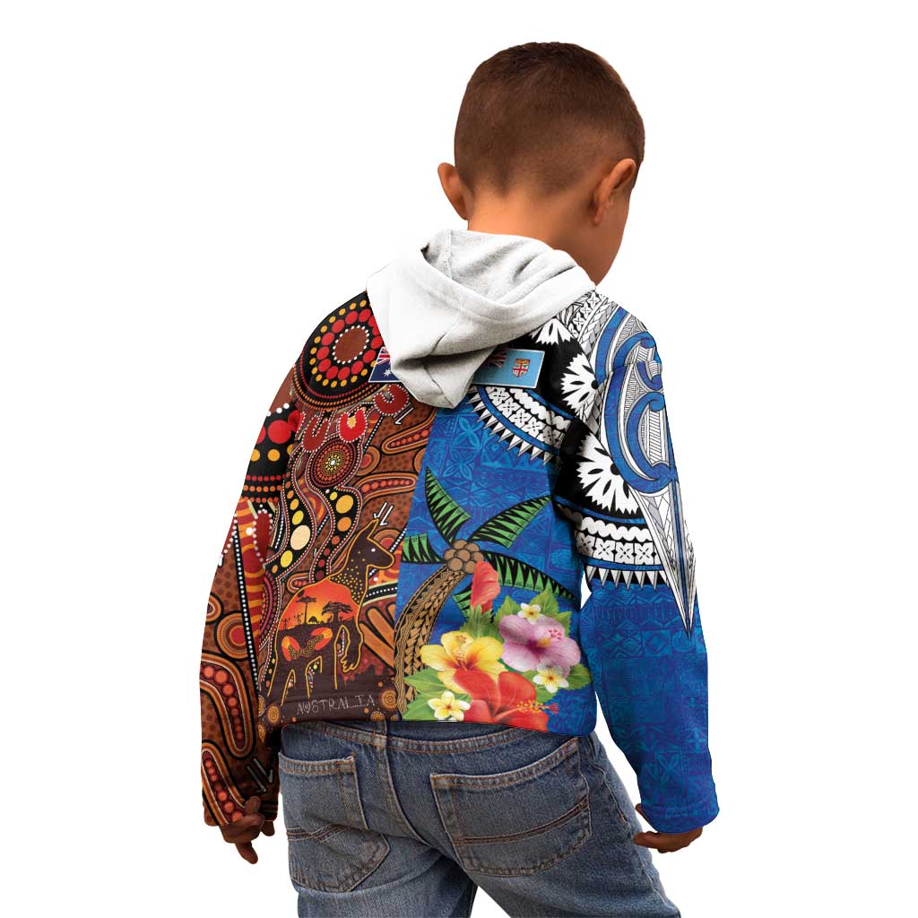 Fiji and Australia Together Kid Hoodie Fijian Tapa Plants with Kangaroo and Aboriginal LT03 - Polynesian Pride
