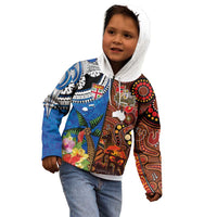 Fiji and Australia Together Kid Hoodie Fijian Tapa Plants with Kangaroo and Aboriginal LT03 - Polynesian Pride
