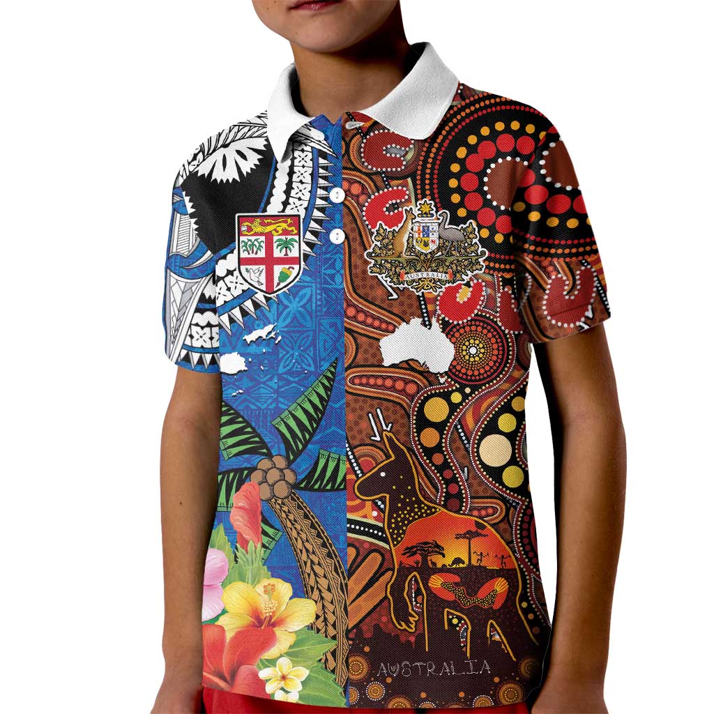 Fiji and Australia Together Kid Polo Shirt Fijian Tapa Plants with Kangaroo and Aboriginal LT03 Kid Black - Polynesian Pride