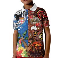 Fiji and Australia Together Kid Polo Shirt Fijian Tapa Plants with Kangaroo and Aboriginal LT03 Kid Black - Polynesian Pride