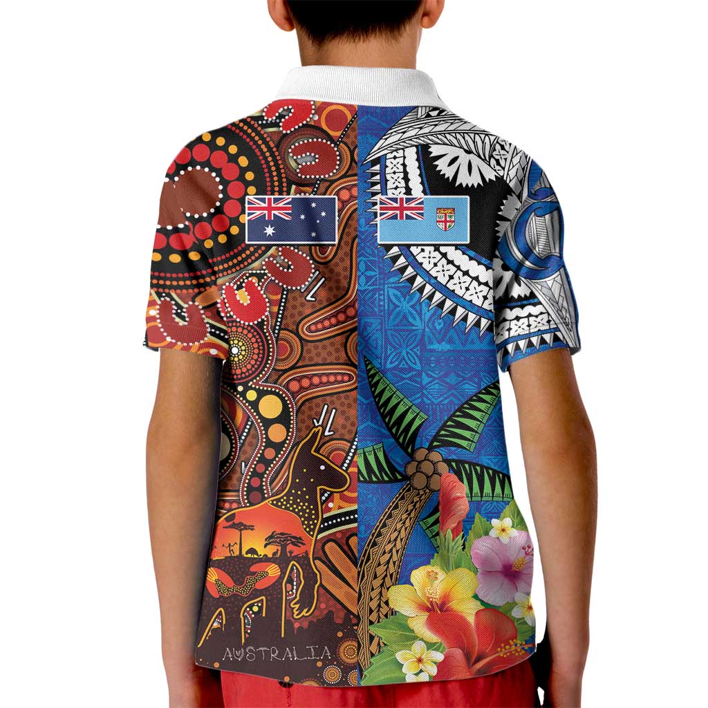 Fiji and Australia Together Kid Polo Shirt Fijian Tapa Plants with Kangaroo and Aboriginal LT03 - Polynesian Pride