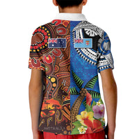 Fiji and Australia Together Kid Polo Shirt Fijian Tapa Plants with Kangaroo and Aboriginal LT03 - Polynesian Pride