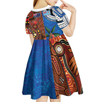 Fiji and Australia Together Kid Short Sleeve Dress Fijian Tapa Plants with Kangaroo and Aboriginal LT03 - Polynesian Pride
