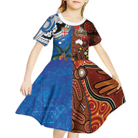 Fiji and Australia Together Kid Short Sleeve Dress Fijian Tapa Plants with Kangaroo and Aboriginal LT03 - Polynesian Pride