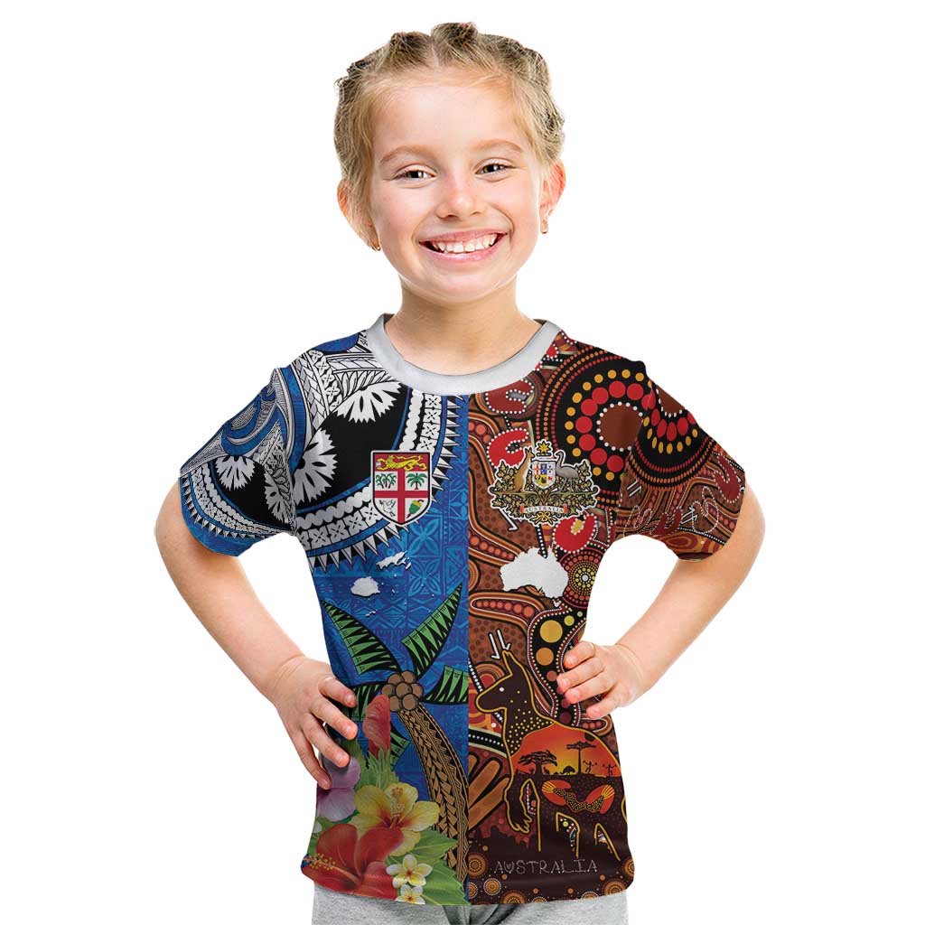 Fiji and Australia Together Kid T Shirt Fijian Tapa Plants with Kangaroo and Aboriginal LT03 Black - Polynesian Pride