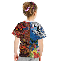 Fiji and Australia Together Kid T Shirt Fijian Tapa Plants with Kangaroo and Aboriginal LT03 - Polynesian Pride