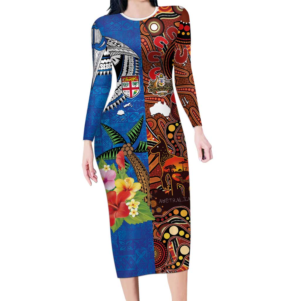 Fiji and Australia Together Long Sleeve Bodycon Dress Fijian Tapa Plants with Kangaroo and Aboriginal LT03 Long Dress Black - Polynesian Pride