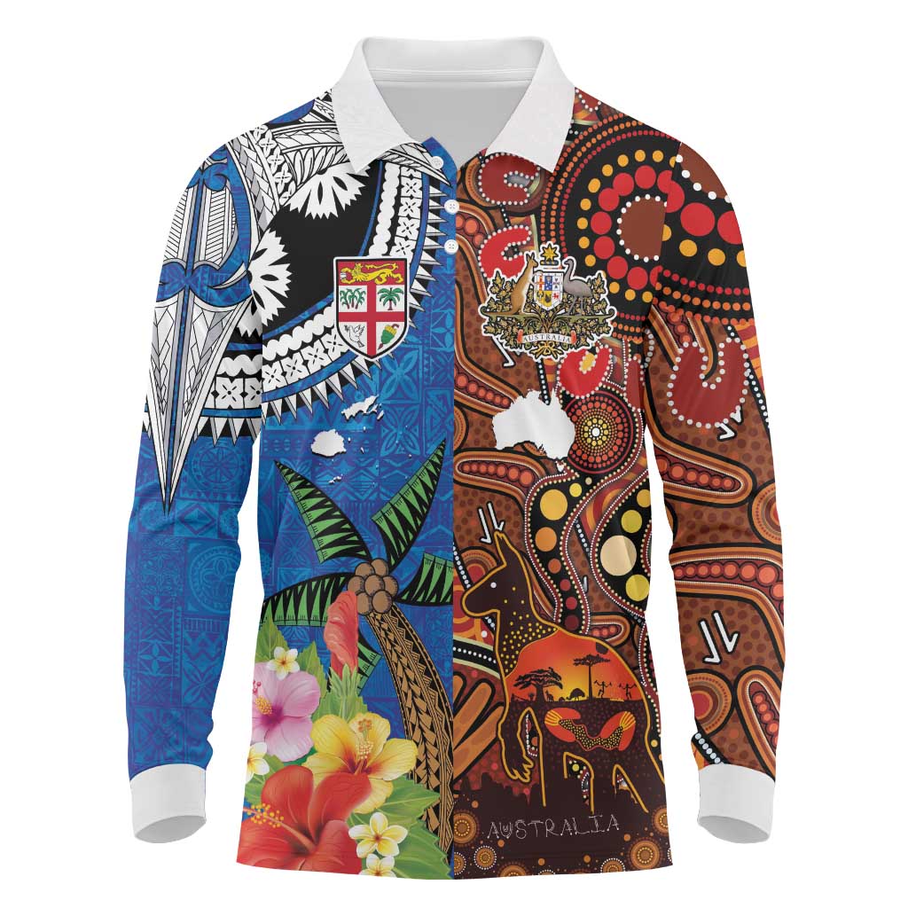 Fiji and Australia Together Long Sleeve Polo Shirt Fijian Tapa Plants with Kangaroo and Aboriginal LT03 Black - Polynesian Pride