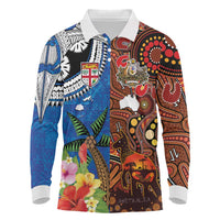 Fiji and Australia Together Long Sleeve Polo Shirt Fijian Tapa Plants with Kangaroo and Aboriginal LT03 Black - Polynesian Pride