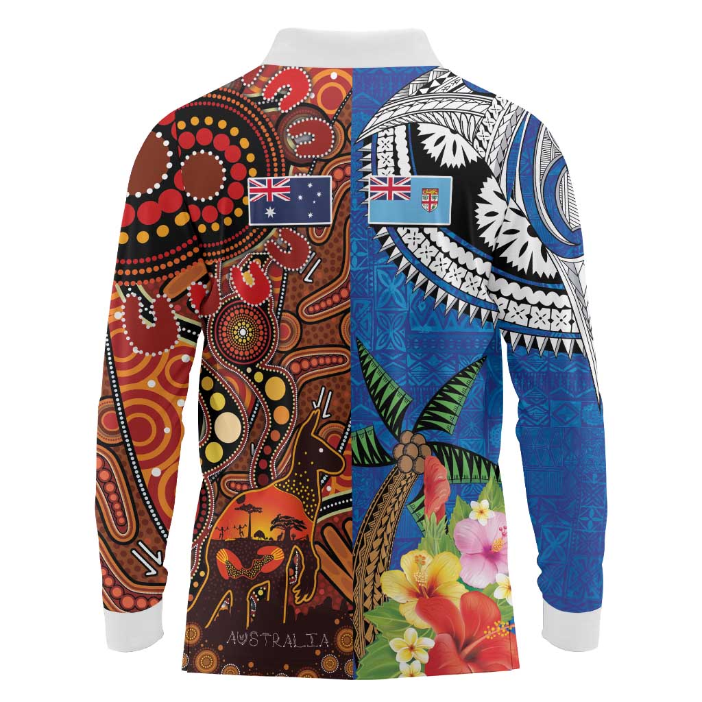 Fiji and Australia Together Long Sleeve Polo Shirt Fijian Tapa Plants with Kangaroo and Aboriginal LT03 - Polynesian Pride