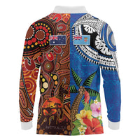 Fiji and Australia Together Long Sleeve Polo Shirt Fijian Tapa Plants with Kangaroo and Aboriginal LT03 - Polynesian Pride