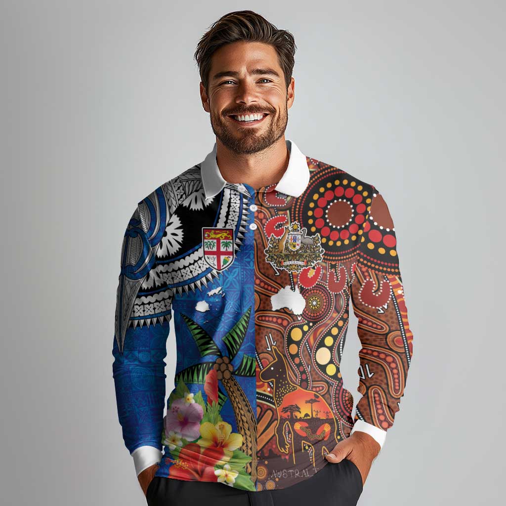 Fiji and Australia Together Long Sleeve Polo Shirt Fijian Tapa Plants with Kangaroo and Aboriginal LT03 - Polynesian Pride