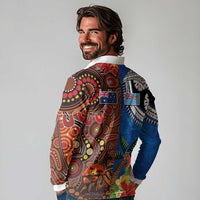 Fiji and Australia Together Long Sleeve Polo Shirt Fijian Tapa Plants with Kangaroo and Aboriginal LT03 - Polynesian Pride