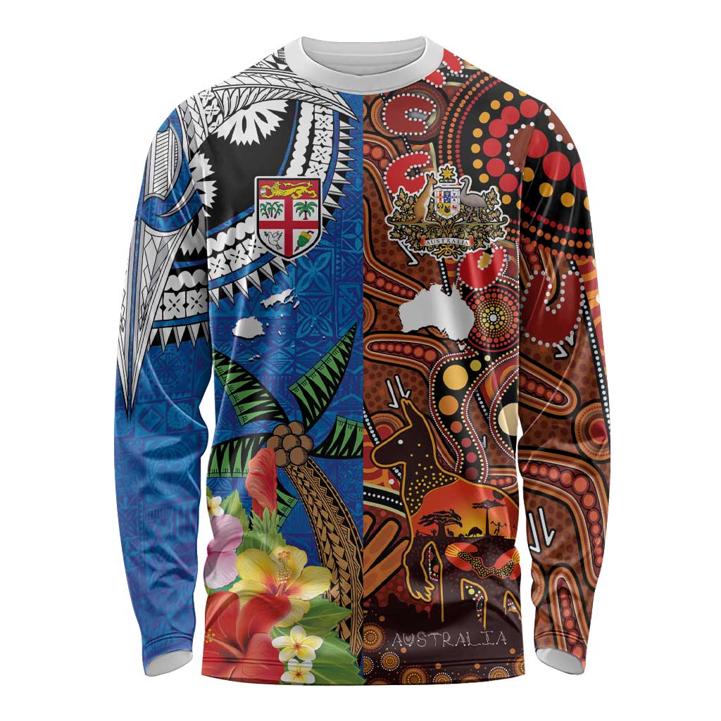 Fiji and Australia Together Long Sleeve Shirt Fijian Tapa Plants with Kangaroo and Aboriginal LT03 Unisex Black - Polynesian Pride