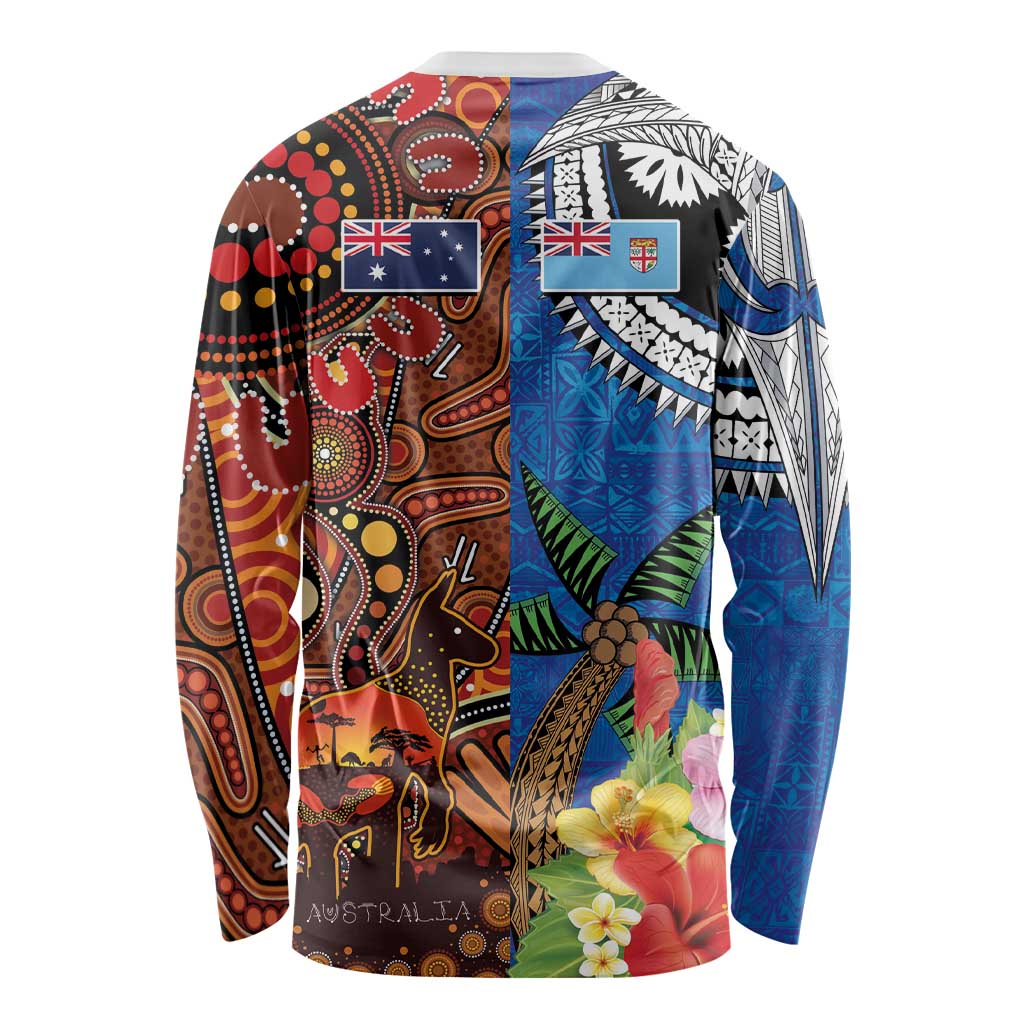 Fiji and Australia Together Long Sleeve Shirt Fijian Tapa Plants with Kangaroo and Aboriginal LT03 - Polynesian Pride